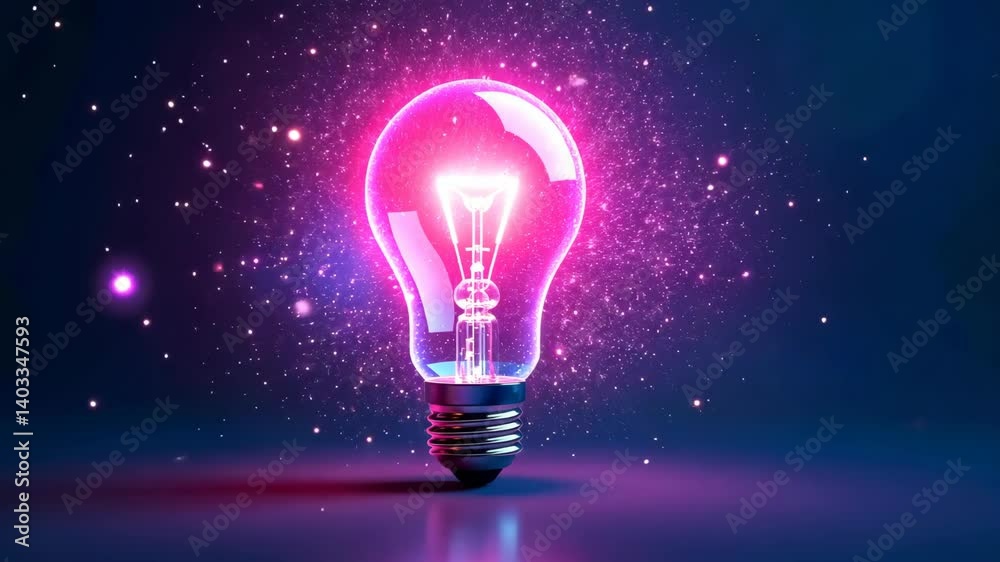 Poster a bright idea glowing light bulb illuminating a dark space with pink and purple sparkles