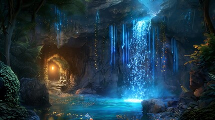 A magical hidden cave with a glowing waterfall flowing into a secret lagoon
