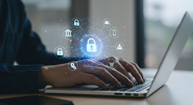 Man Hands Typing on Laptop with Security Icons Projecting From Screen in a Modern Office