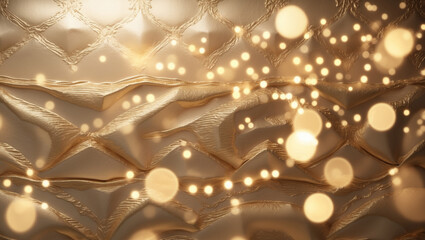 A luxurious golden tapestry shimmering with festive lights, celebrating a joyous occasion, with soft bokeh and warm tones.