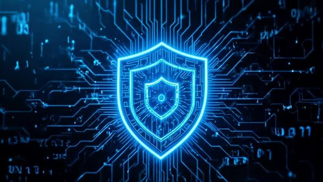 Cybersecurity shield, glowing blue digital circuits, protection icon, futuristic technology, binary code background, neon blue lights, data protection concept, digital fortress, high-tech security