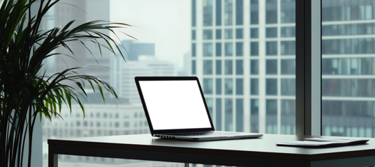 Clean Office Setup Featuring Laptop with Editable Transparent Screen on Desk for Branding, Portfolio, or Web Presentation Mockup