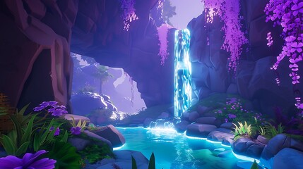 A magical hidden cave with a glowing waterfall flowing into a secret lagoon