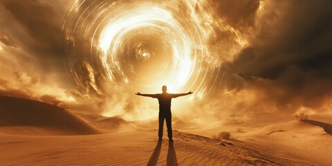 Silhouette of a Person in Desert, Facing a Bright Celestial Swirl