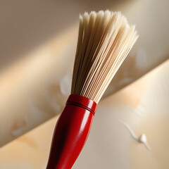 painting brush for a paint with the red handle and a natural bristle white background