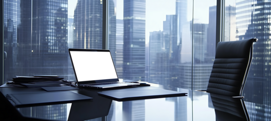 Clean Office Setup Featuring Laptop with Editable Transparent Screen on Desk for Branding, Portfolio, or Web Presentation Mockup