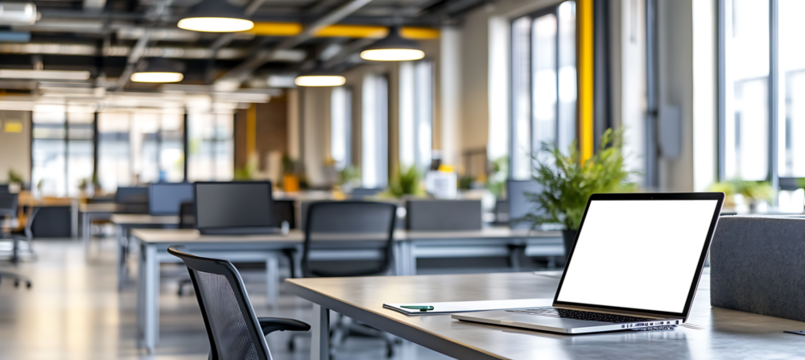 Clean Office Setup Featuring Laptop with Editable Transparent Screen on Desk for Branding, Portfolio, or Web Presentation Mockup