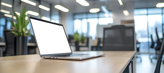 Clean Office Setup Featuring Laptop with Editable Transparent Screen on Desk for Branding, Portfolio, or Web Presentation Mockup