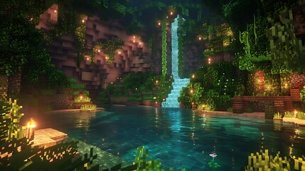A magical hidden cave with a glowing waterfall flowing into a secret lagoon