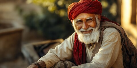 Fototapeta premium Smiling Senior Man in Red Turban, Warm Outdoor Portrait