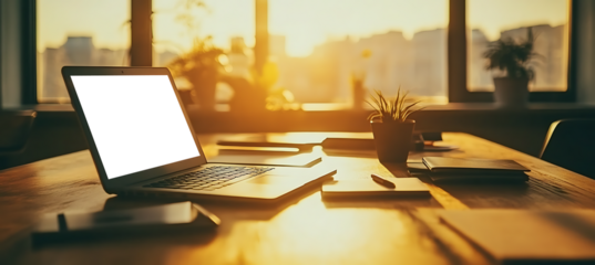 Laptop Display Mockup with Blank PNG Screen on Office Table for Custom Branding and Personalized Digital Content Showcasing