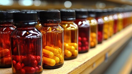 Amber Jars Filled with Capsules: A Pharmacy's Colorful Inventory