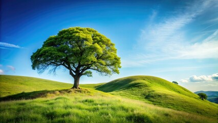 Fototapeta premium Surreal Lone Tree Hilltop Landscape - Dramatic Erosion & Lush Greenery