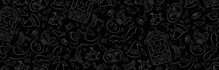 Black banner with halloween decoration. Halloween greeting banner. Horizontal halloween background, headers, posters, cards, website. Vector illustration