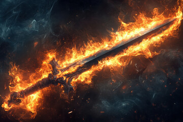 Naklejka premium A dramatic sword engulfed in flames with a glowing blade and swirling smoke for a powerful magical effect