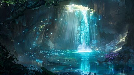 A magical hidden cave with a glowing waterfall flowing into a secret lagoon