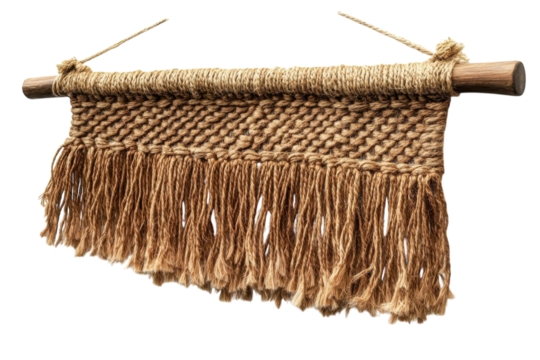 Handwoven jute wall hanging earthy tones fringed bottom rustic wooden dowel minimalist boho decor