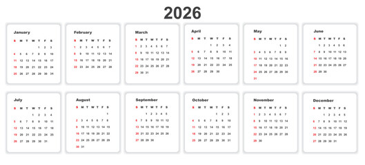 Horizontal Calendar 2026. The week starts on Sunday. Corporate design planner template. Organizer in English. On a white background.Vector. 10 eps	