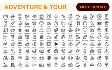 Adventure Icon Set. An exciting collection of icons that captures the spirit of exploration, perfect for travel apps, outdoor websites, and promotional materials for adventure and thrill-seeking.