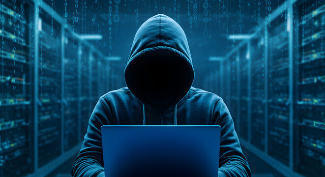 Hooded Hacker with Laptop in Dark Data Center Hacking System with Cybercrime and Security Concepts
