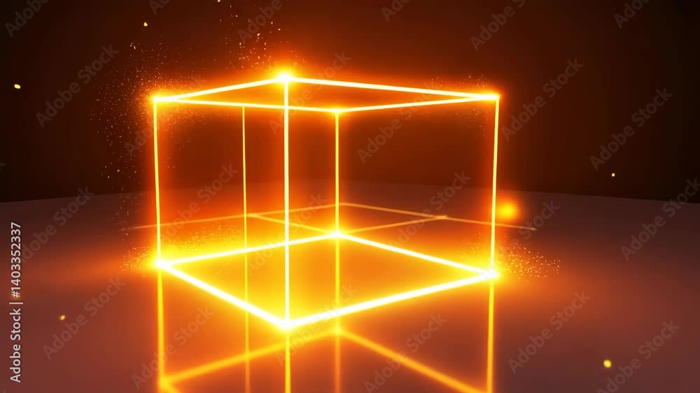 Poster Glowing Neon Cube with Particles and Reflections on a Dark Background
