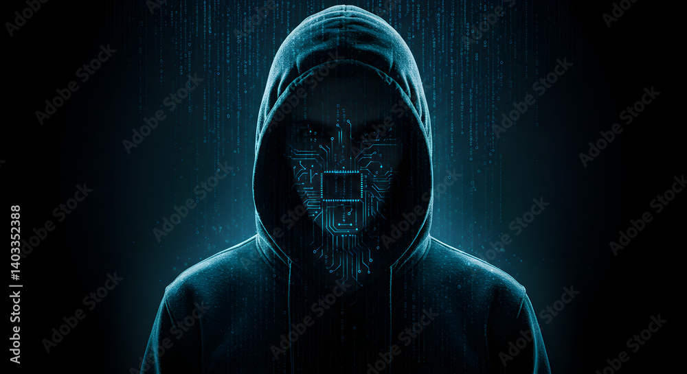 Aufkleber hooded hacker with binary code face and digital descent on dark blue background