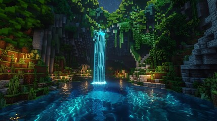 A magical hidden cave with a glowing waterfall flowing into a secret lagoon