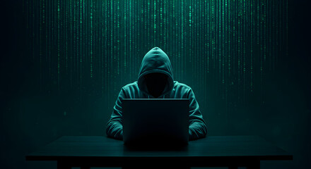 Hooded Hacker Using Laptop Under Glowing Green Digital Matrix in Dark Room