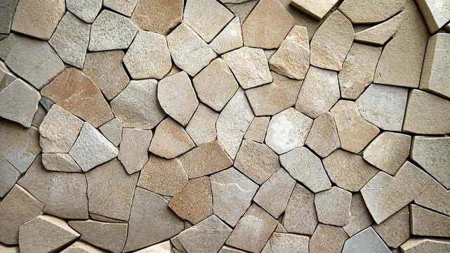 Close-up view of a textured stone wall with irregular shapes and colors, showcasing natural patterns