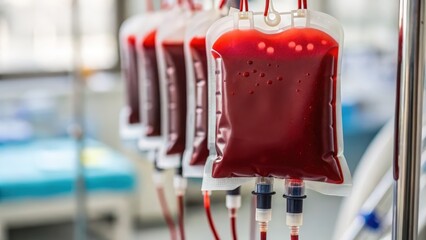 Blood Bags for Transfusion in Hospital Setting with Medical Equipment and Background