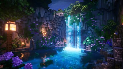 A magical hidden cave with a glowing waterfall flowing into a secret lagoon