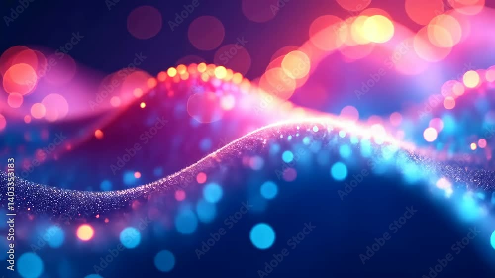 Poster pink and blue glittering particle waves on dark background