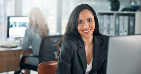 Happy, confident or businesswoman on computer in finance office for online report, taxes or...