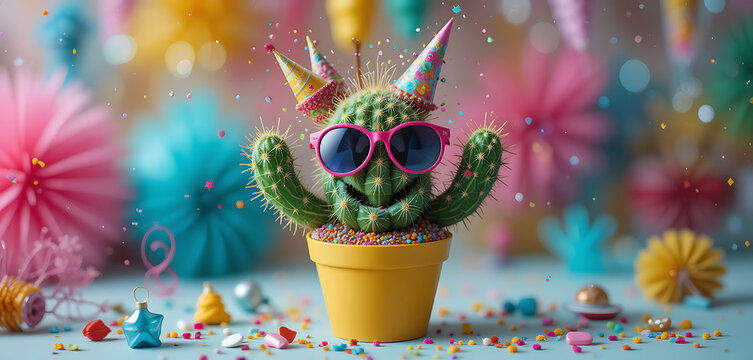 Celebrate birthday with cactus wearing sunglasses and party hats stock photo and image for social media posts