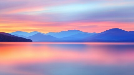 A breathtaking sunset over a serene lake, with majestic mountains silhouetted against the sky.