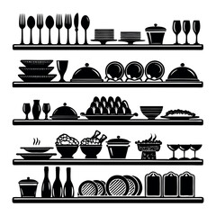 Set of kitchen utensils icons and silhouettes include spoon, pan, pot, cup, plate, fork, knife for cooking and restaurant design
