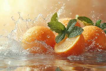 Fresh Orange with Mint and Water Splash on White Background