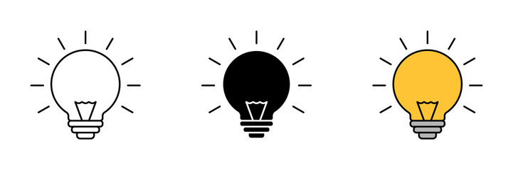 Black and Yellow Bulb Vector Icon Set. Lightbulb Vector Icon in line style design. Symbol of Lightbulb. Vector illustration.