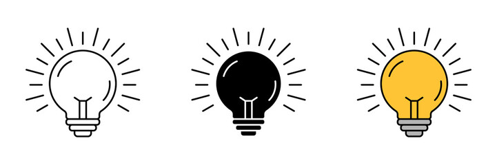 Black and Yellow Bulb Vector Icon Set. Lightbulb Vector Icon in line style design. Symbol of Lightbulb. Vector illustration.