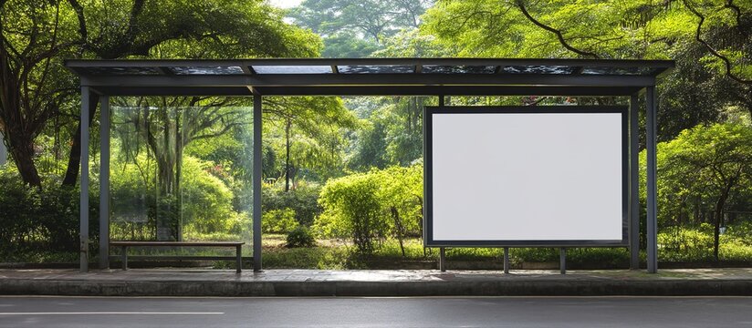 A bus-stop in a dense green forest with a blank billboard, natural daylight, paved road