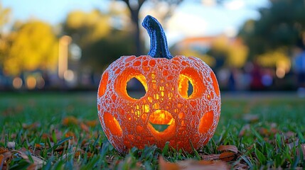 Intricate 3D-Printed Jack-o'-lantern Glowing on Autumn Grass