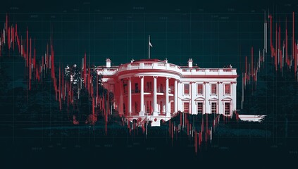 A white-colored White House against a red background with fluctuating financial chart lines, political-economic theme