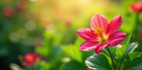 Vibrant spring blooms, sunlit petals, lush green leaves, inspiring, landscape, bloom