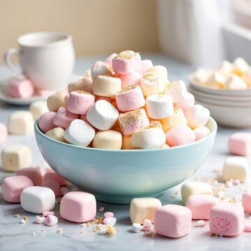 The best-selling and delicious dessert sweets on the table set in an unusual background marshmallow candy and seets