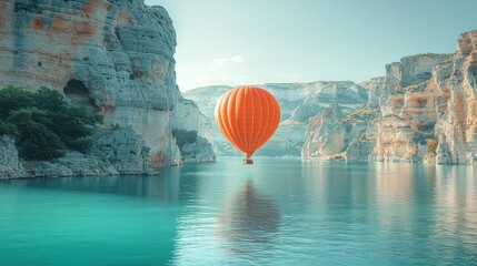 Orange Hot Air Balloon Soaring Over Turquoise Canyon Lake