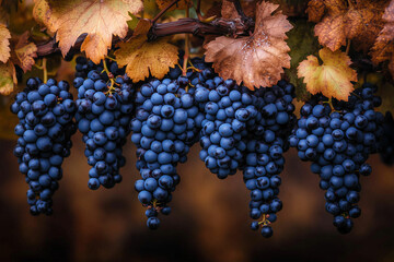 Autumn Vineyard with Ripe Dark Purple Wine Grapes on the Vine