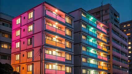 Fototapeta premium Colorful Tokyo micro apartment building glowing in night, showcasing vibrant lights and modern architecture