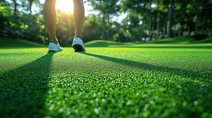 Walking on a Lush Green Golf Course at Sunrise