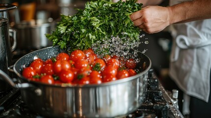 Chef preparing fresh tomatoes and parsley for a delicious dish