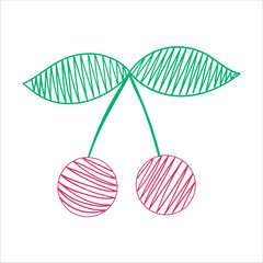 Cherry in embroidery style fruit plant food, doodle, line, minimalism, vector, isolated on white background
